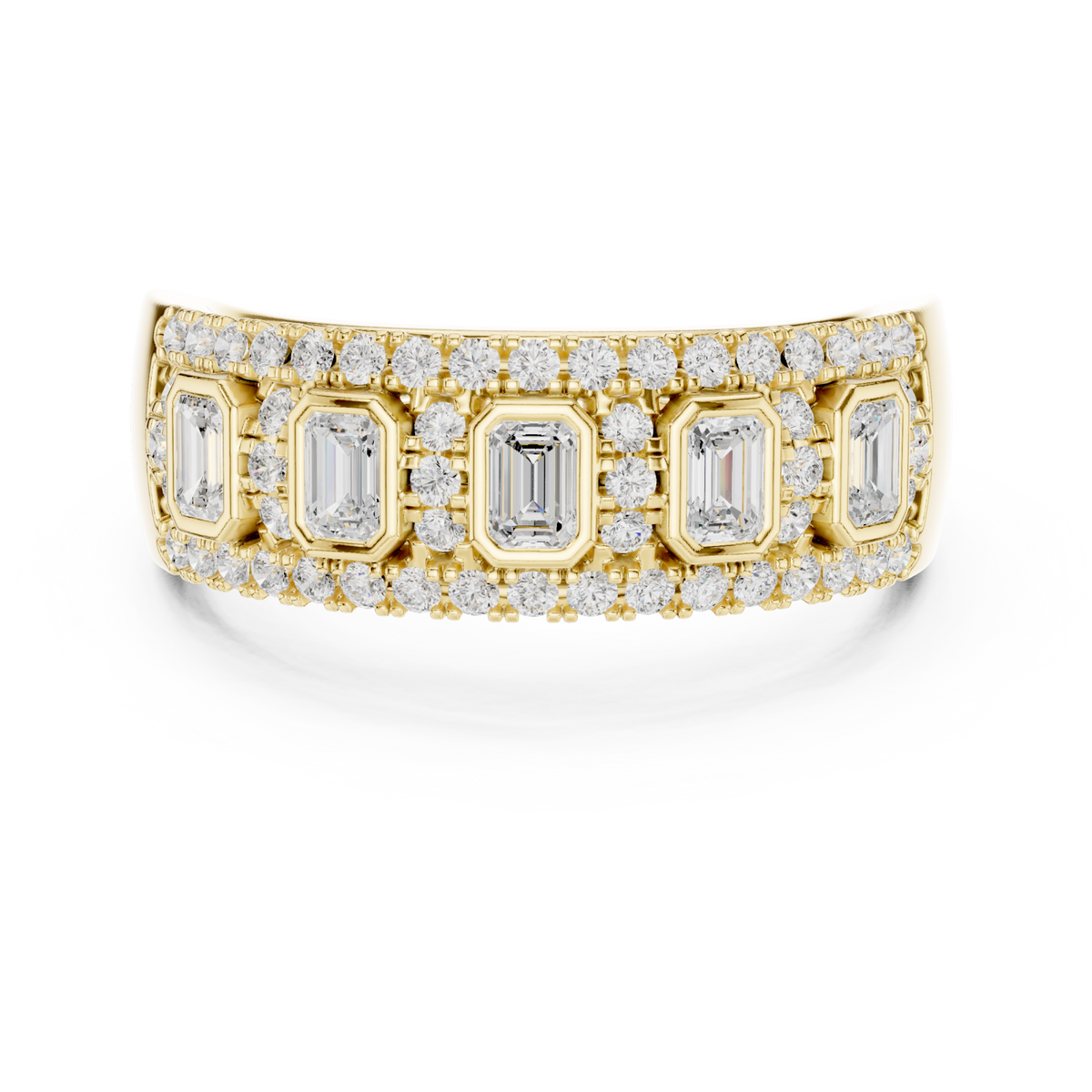 Emerald-cut diamond station halo cigar band yellow gold detail view