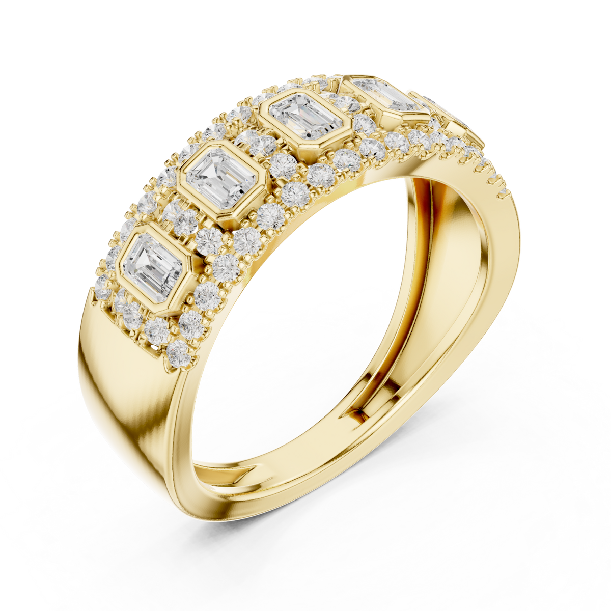 Emerald-cut diamond station halo cigar band yellow gold front view