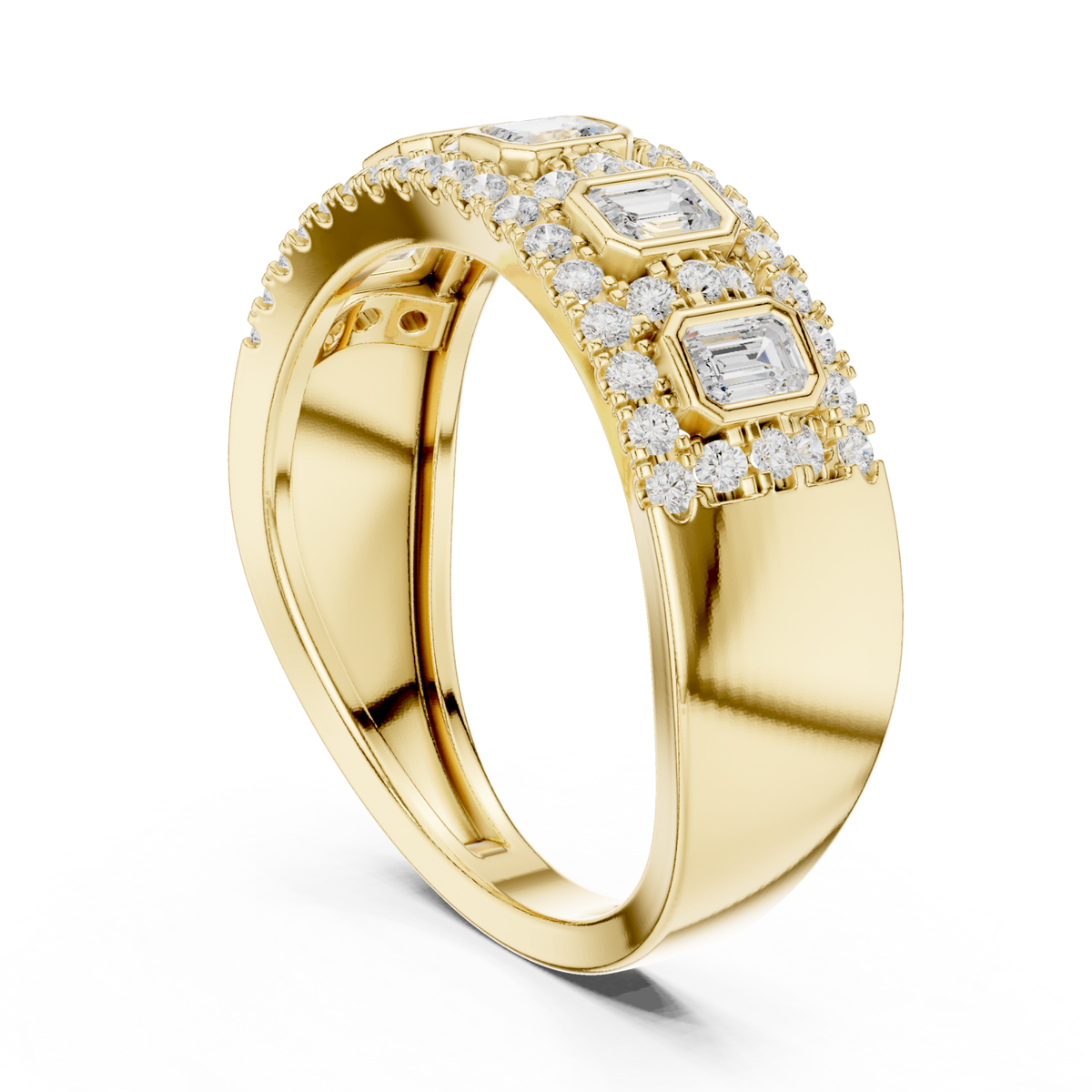 Emerald-cut diamond station halo cigar band yellow gold side view