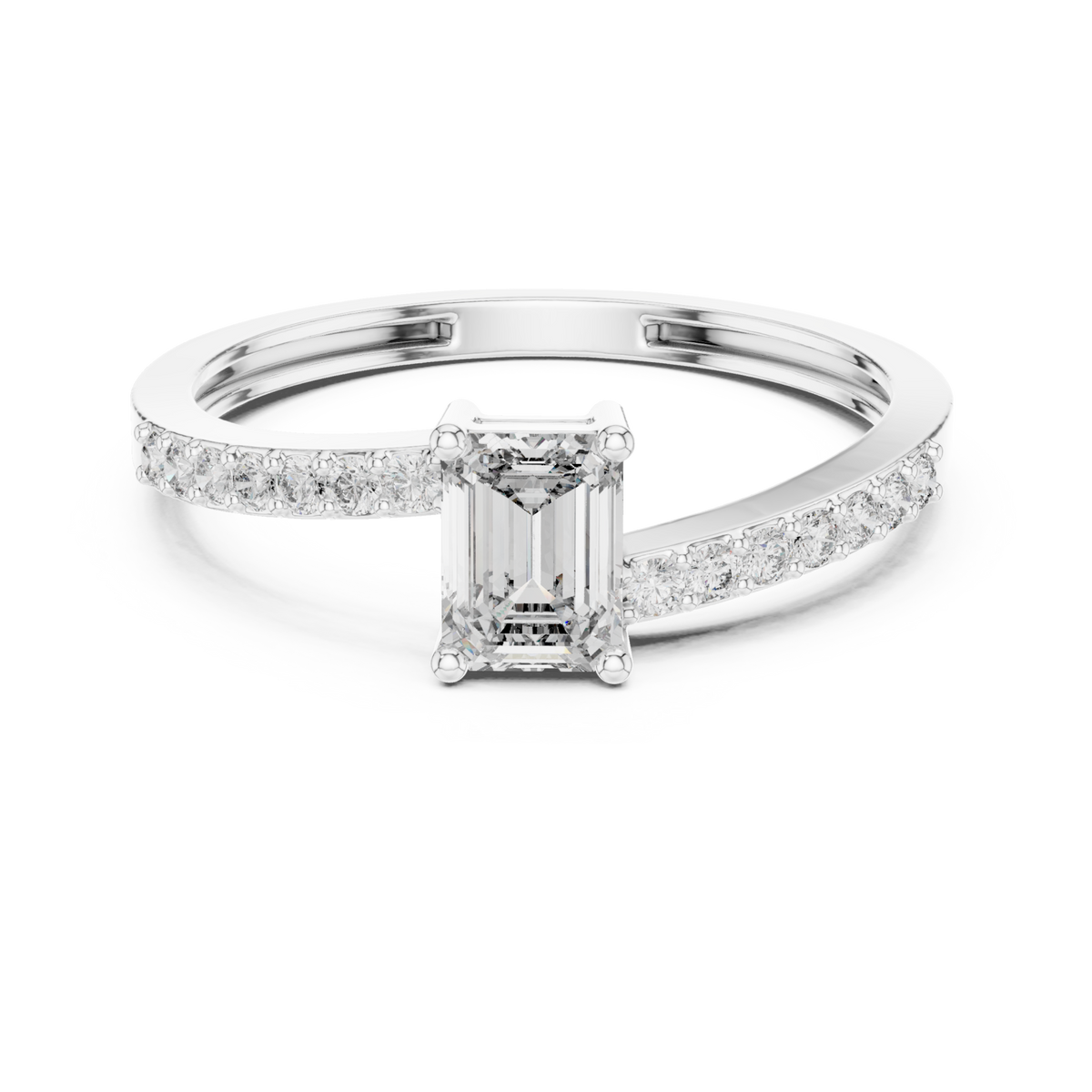 Emerald-cut diamond thin pave solitaire engagement ring white gold detail view