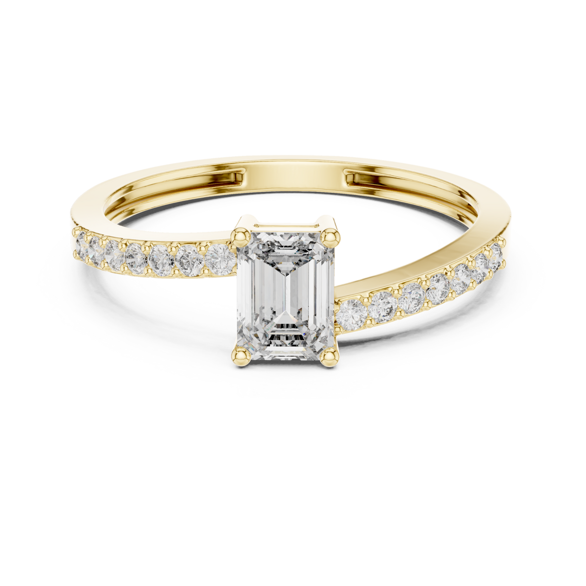 Emerald-cut diamond thin pave solitaire engagement ring yellow gold detail view
