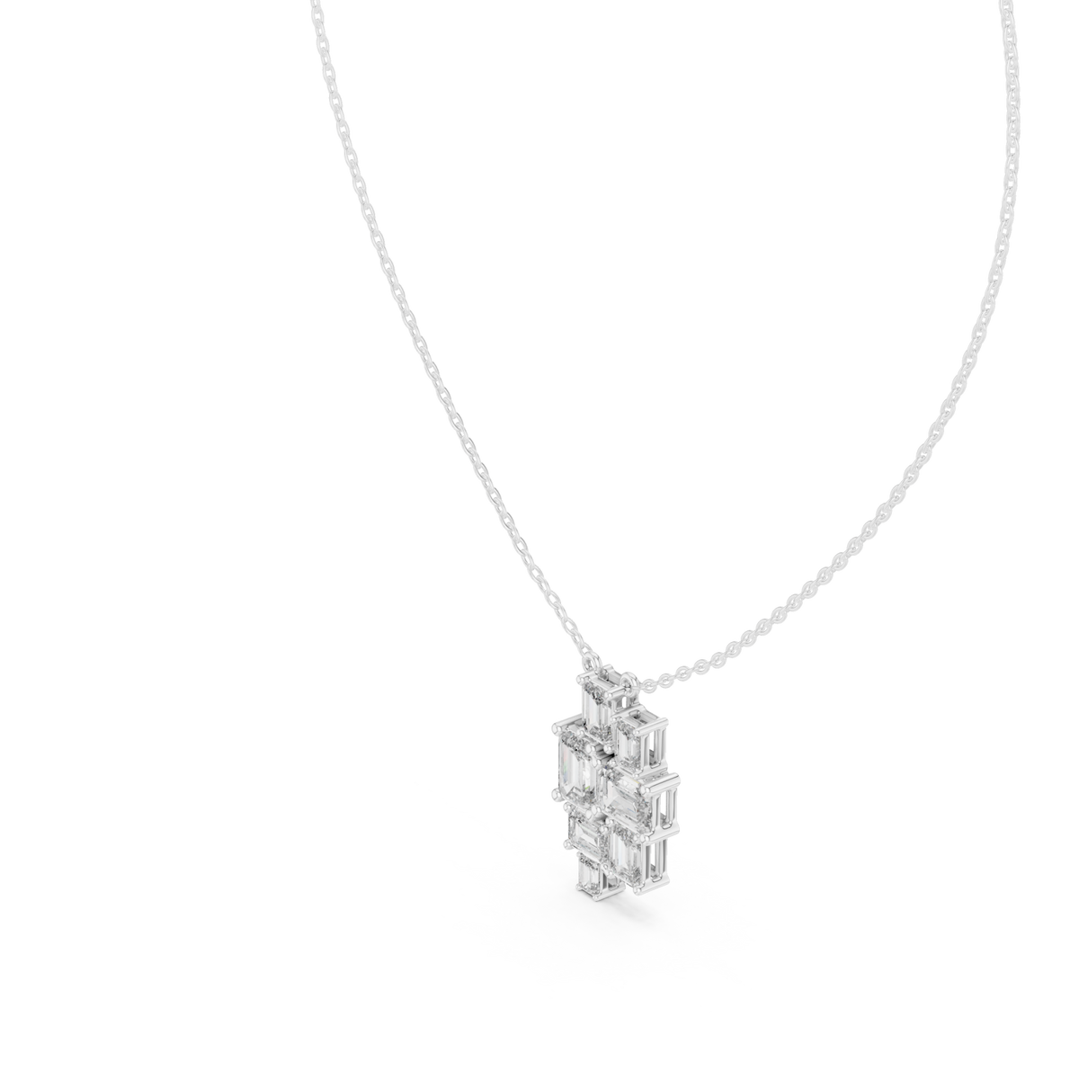 Emerald-cut mosaic cluster pendant white gold angle view