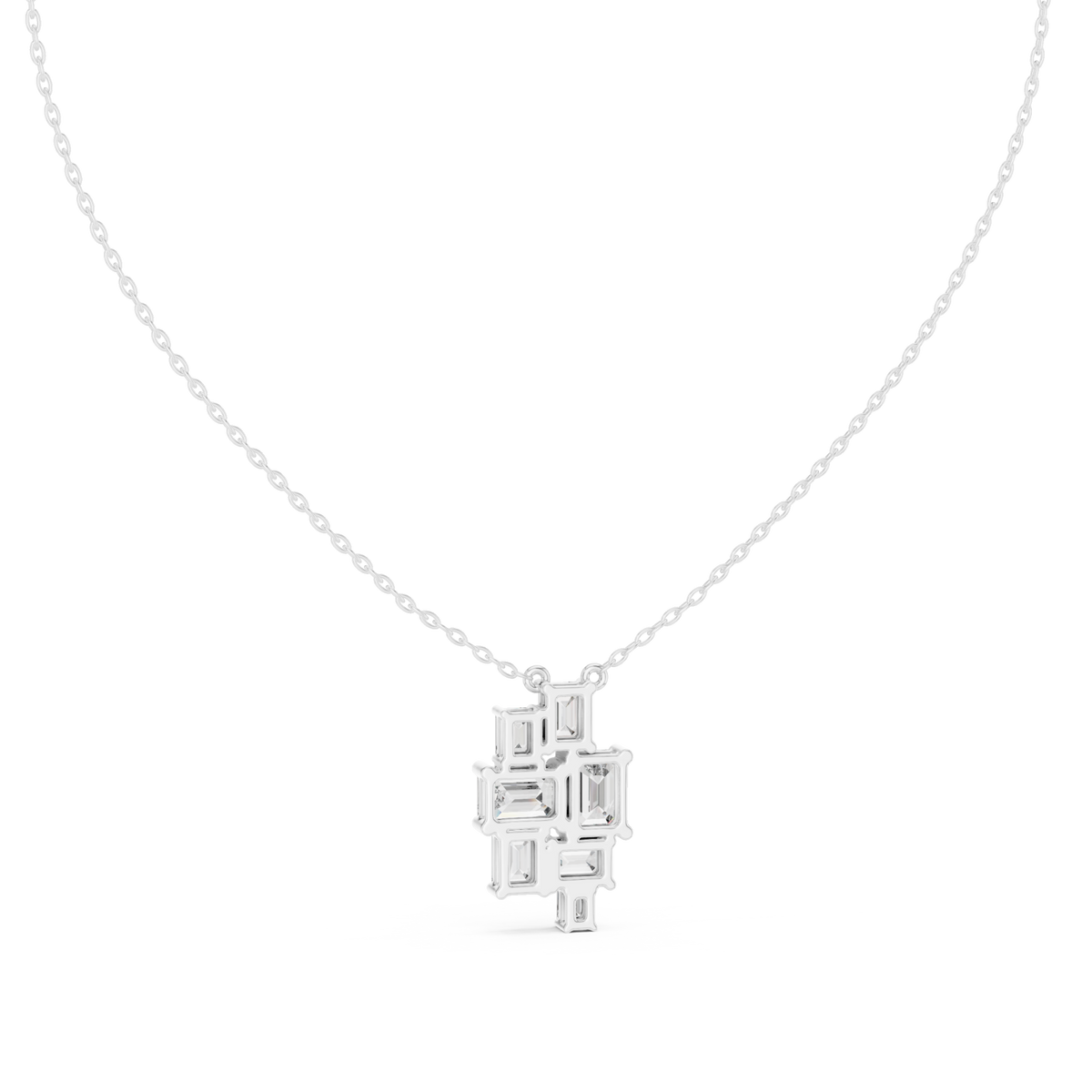Emerald-cut mosaic cluster pendant white gold detail view