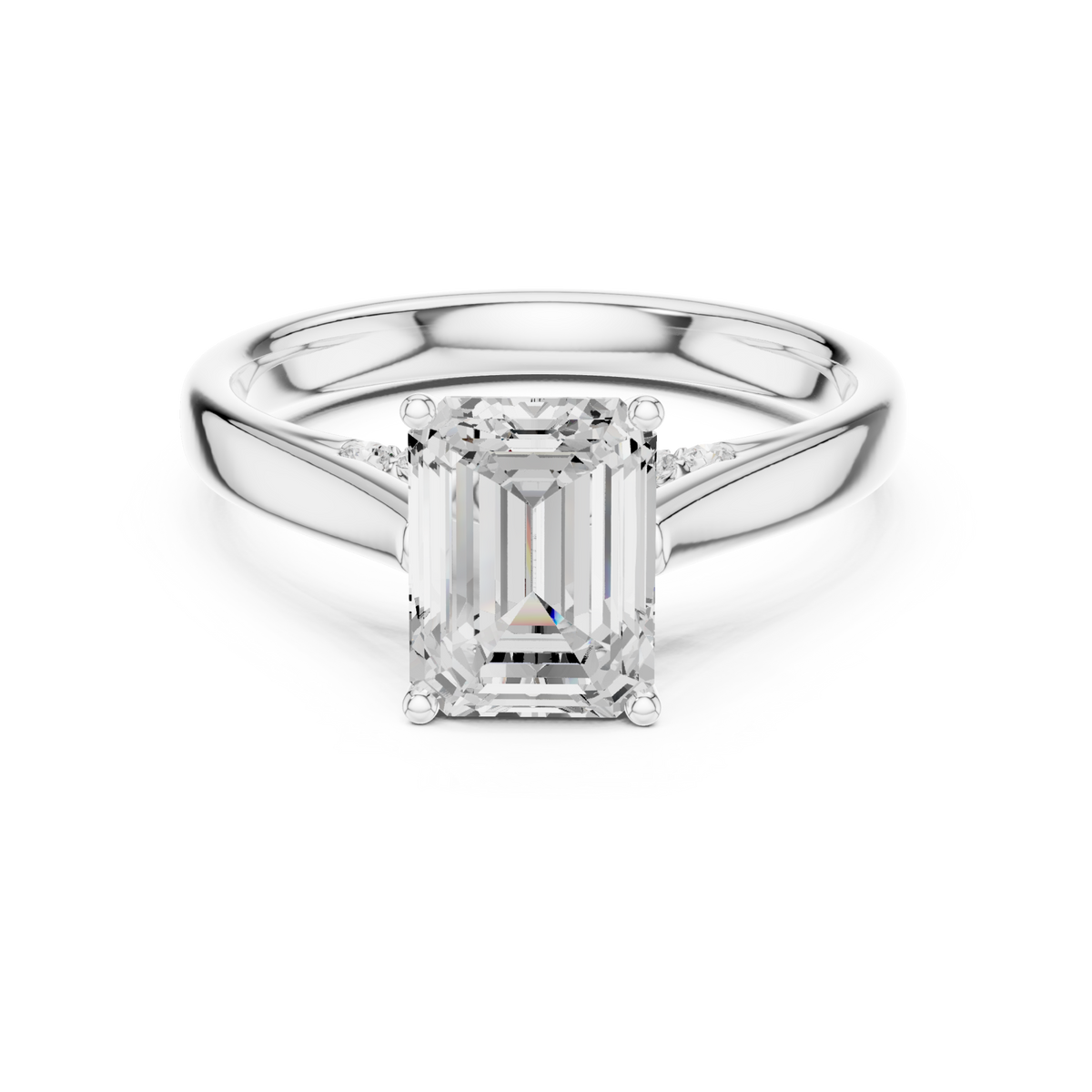 Emerald accent shoulder cathedral solitaire engagement ring white gold detail view