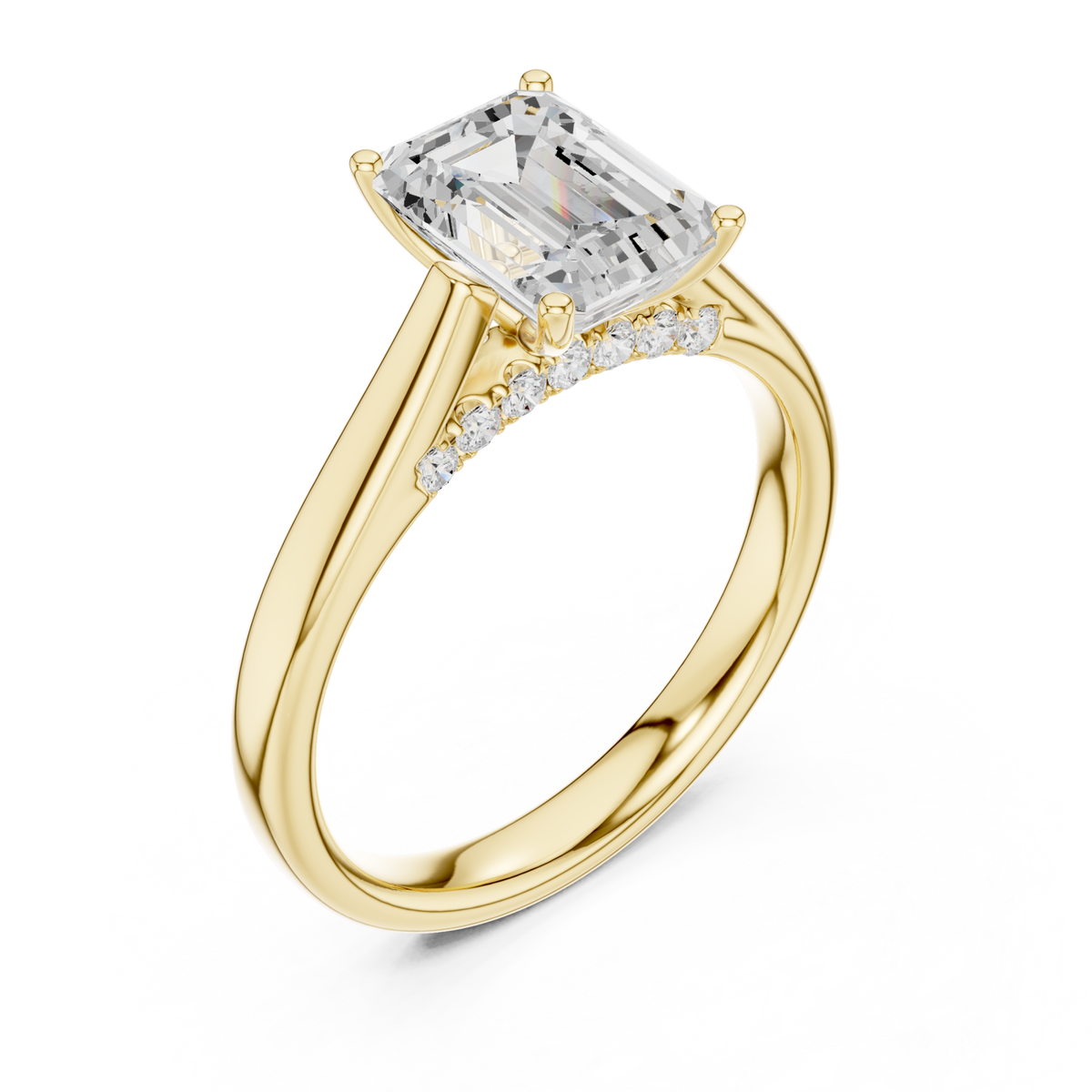 Emerald accent shoulder cathedral solitaire engagement ring yellow gold angle view