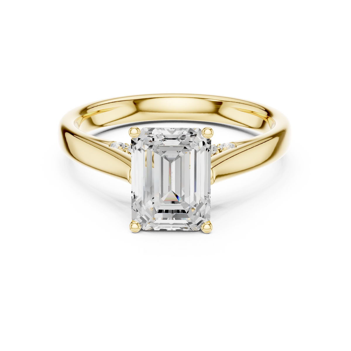 Emerald accent shoulder cathedral solitaire engagement ring yellow gold detail view