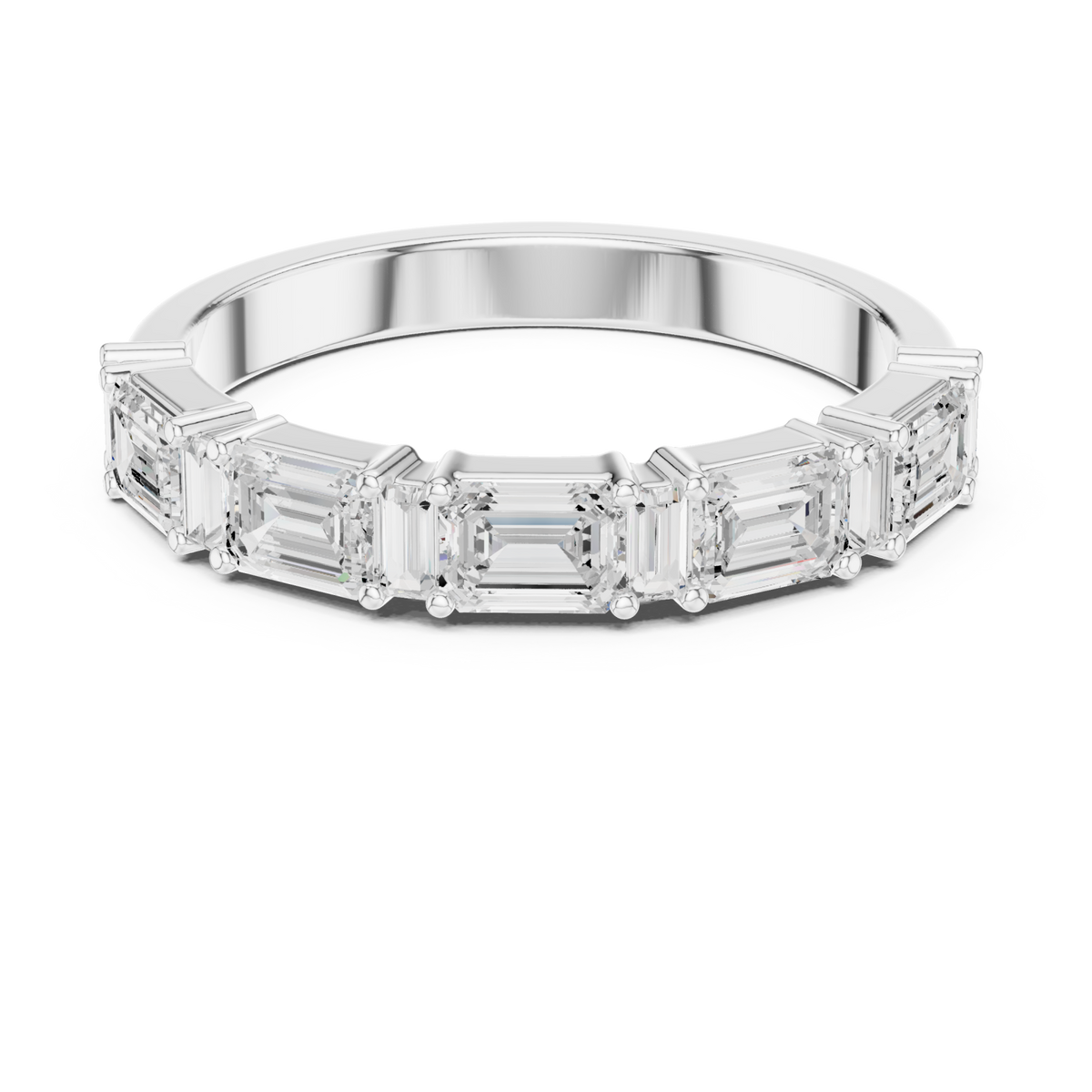 Emerald and baguette east-west half band white gold detail view