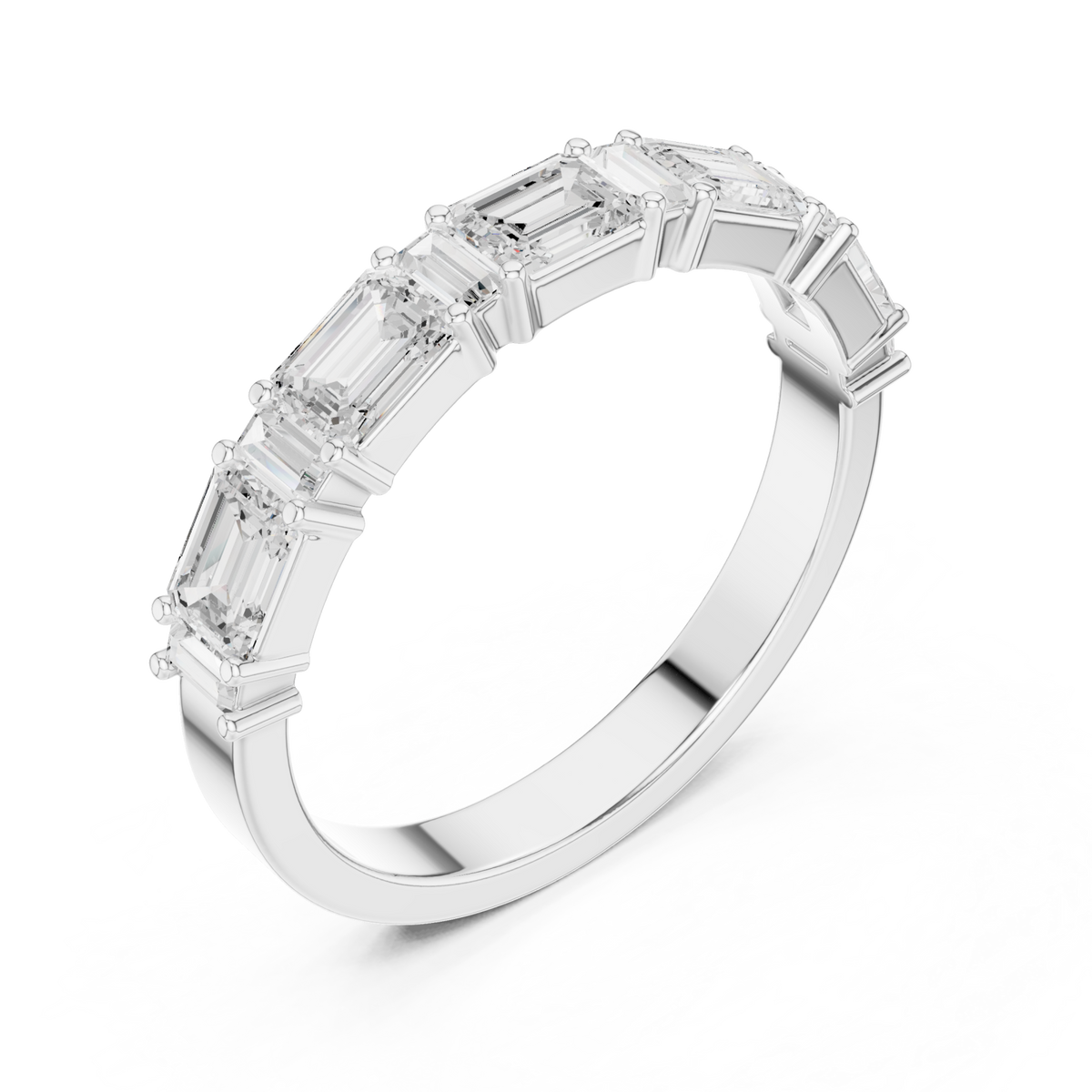 Emerald and baguette east-west half band white gold front view