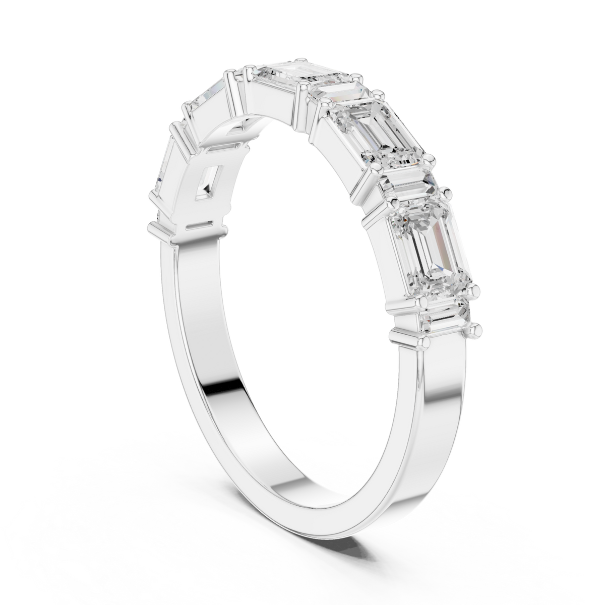 Emerald and baguette east-west half band white gold side view
