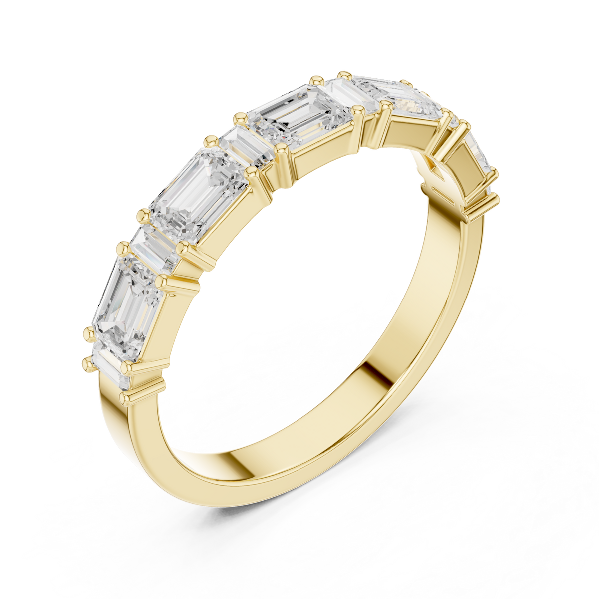 Emerald and baguette east-west half band yellow gold front view