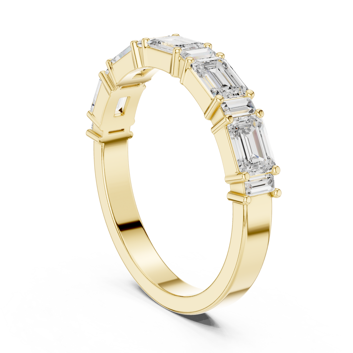 Emerald and baguette east-west half band yellow gold side view