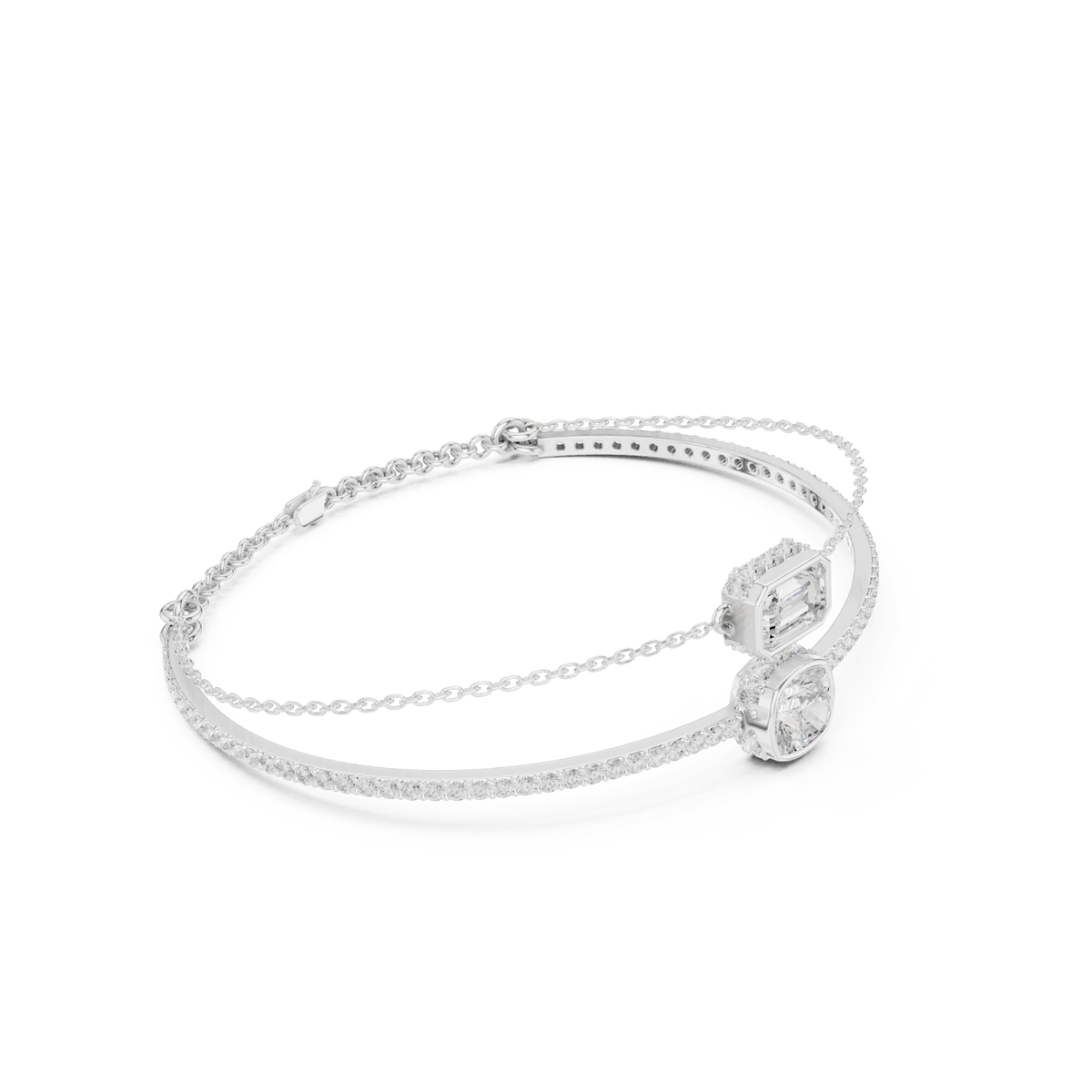  White Gold Emerald and Cushion Cluster Pave Bangle Front View