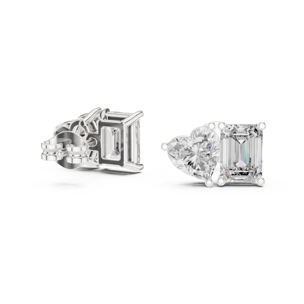  White Gold Emerald and Heart Toi et Moi Studs Front View