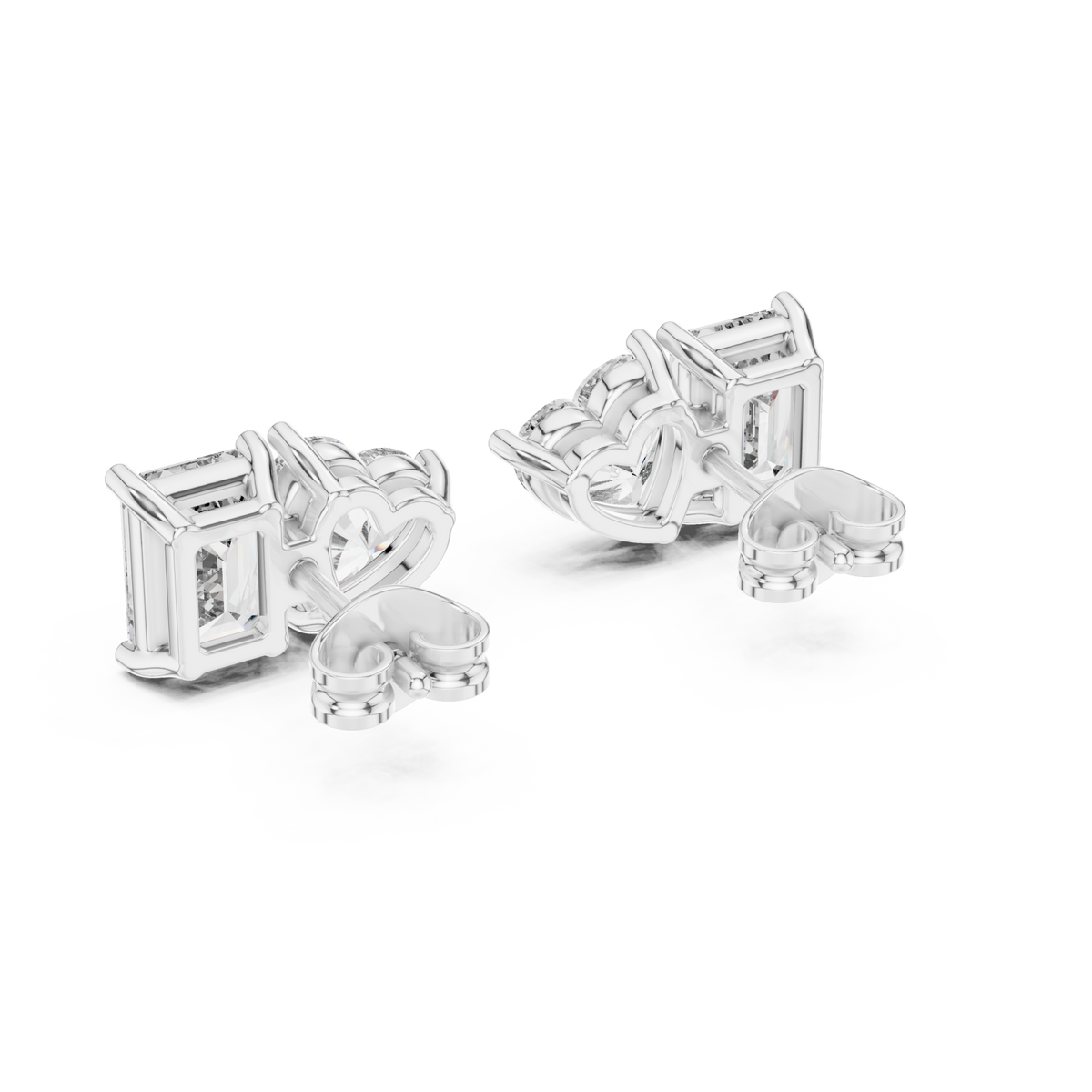  White Gold Emerald and Heart Toi et Moi Studs Side View