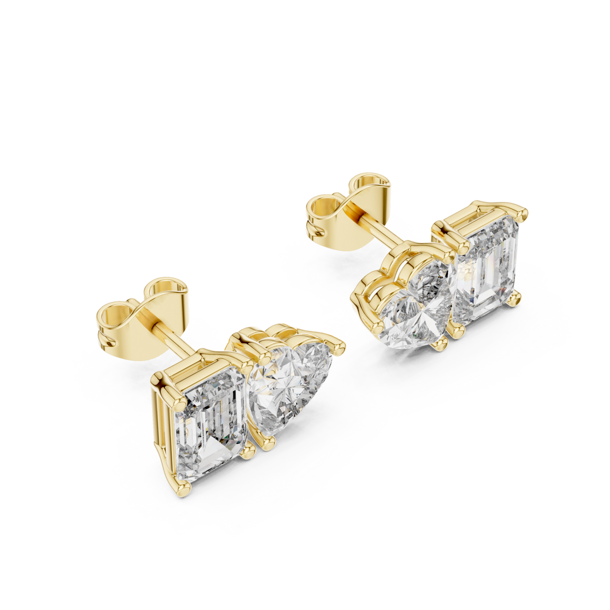  Gold Emerald and Heart Toi et Moi Studs Angle View