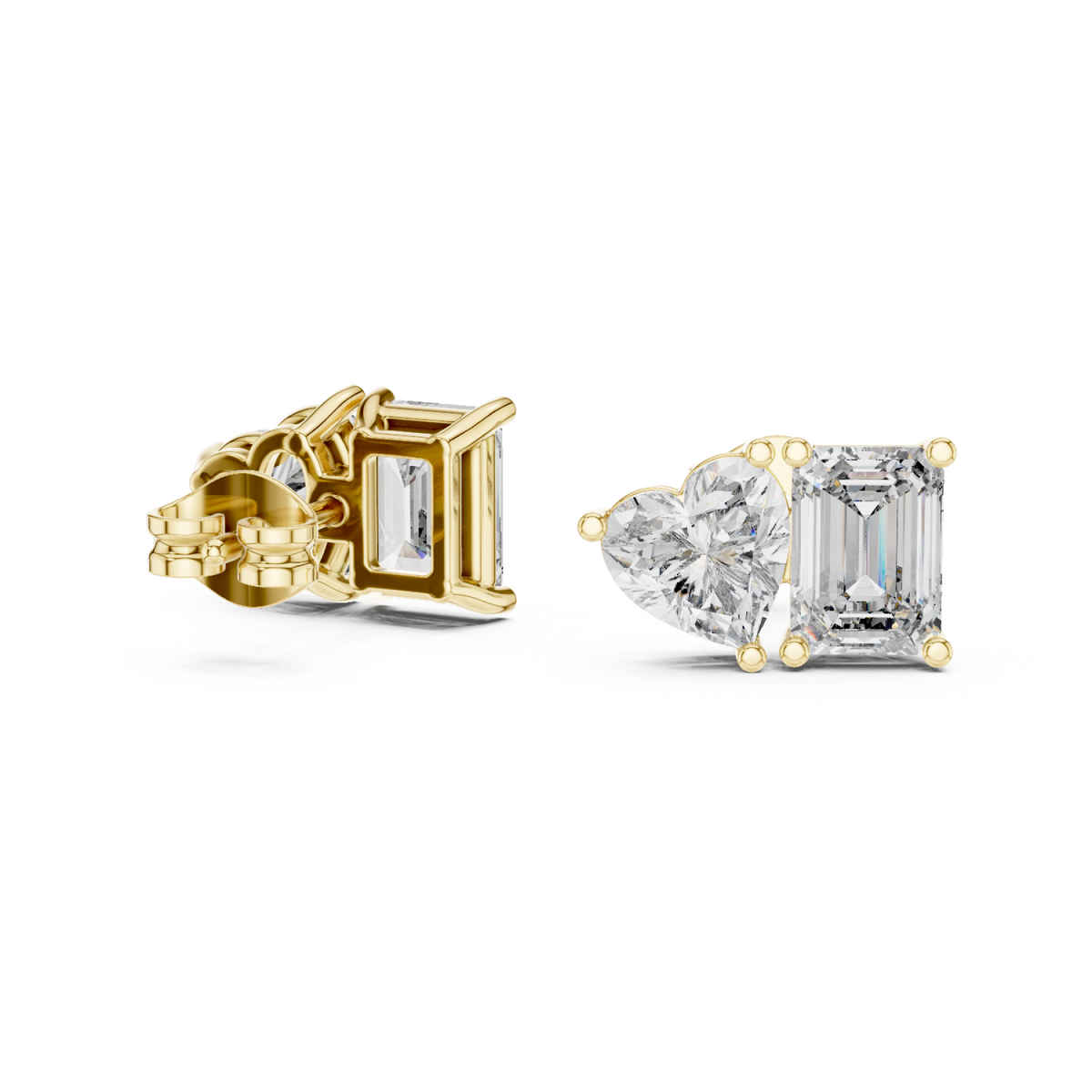 Gold Emerald and Heart Toi et Moi Studs Front View
