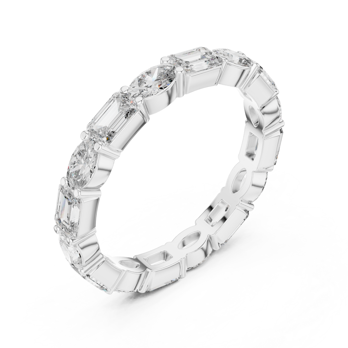 Emerald and oval alternating eternity band white gold front view