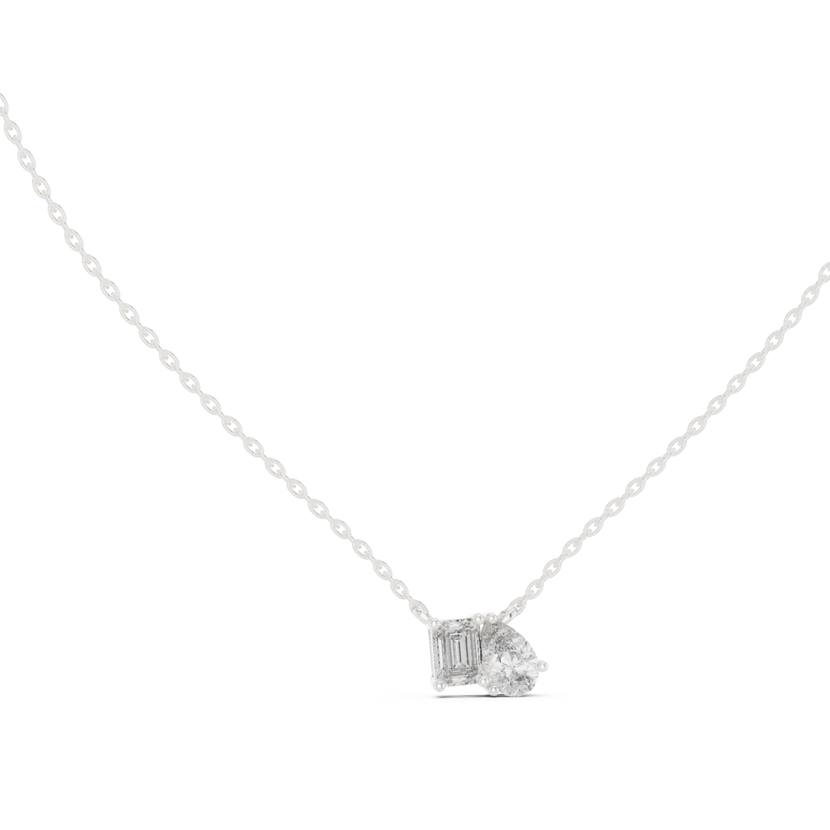 Emerald and pear duo pendant white gold front view
