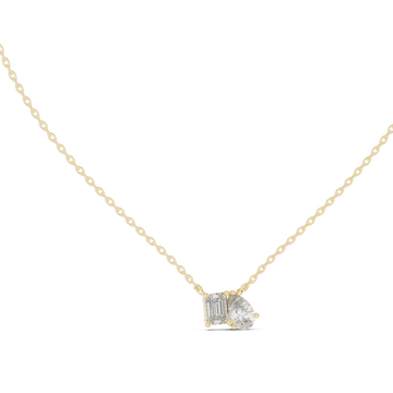 Emerald and pear duo pendant yellow gold front view