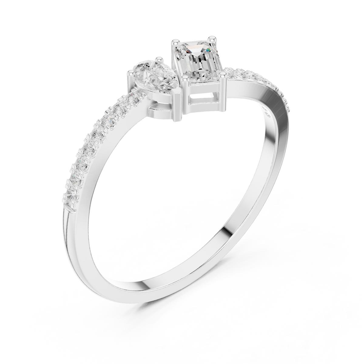 Emerald and pear tilt pave ring white gold front view