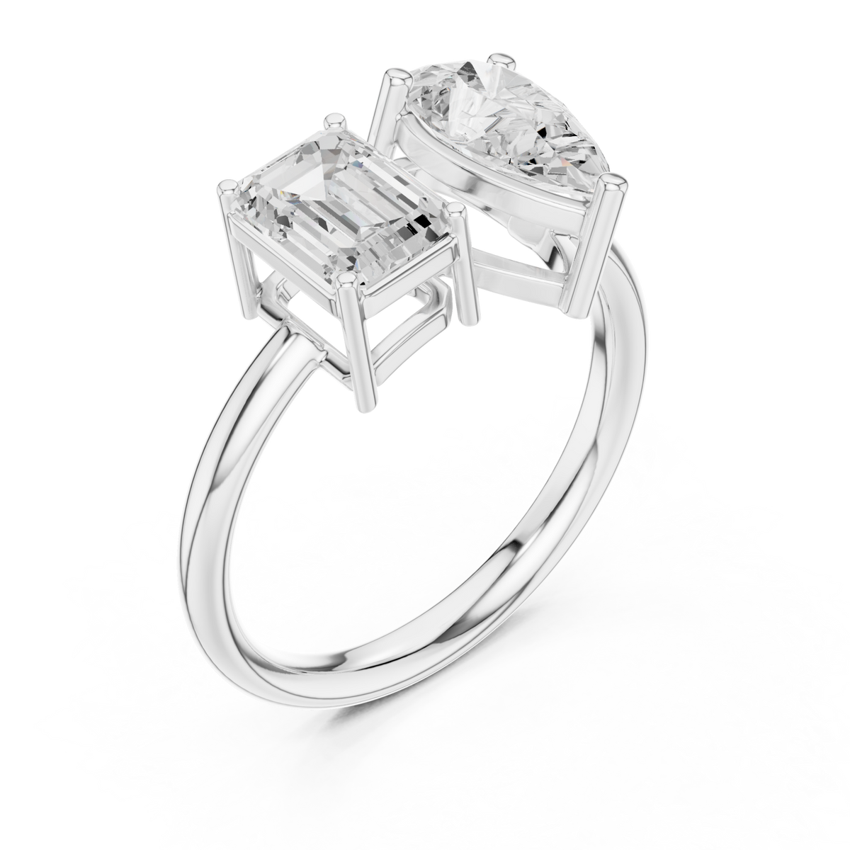 Emerald and pear toi et moi ring white gold front view