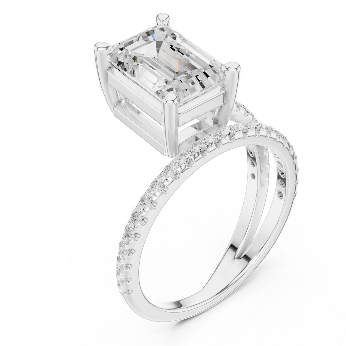 Emerald asymmetric crossover pave ring white gold angle view