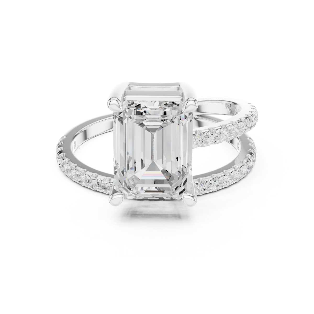 Emerald asymmetric crossover pave ring white gold detail view