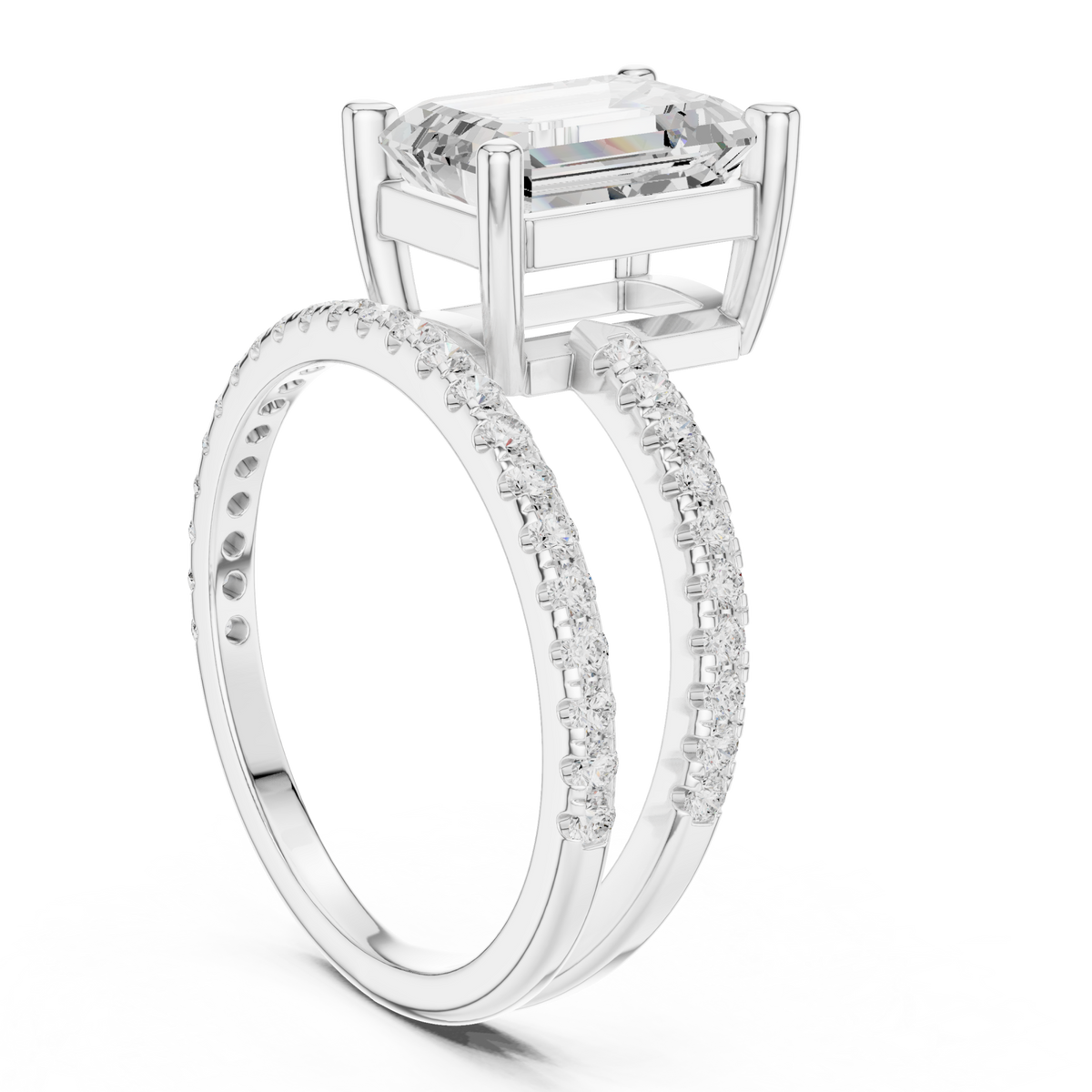 Emerald asymmetric crossover pave ring white gold front view