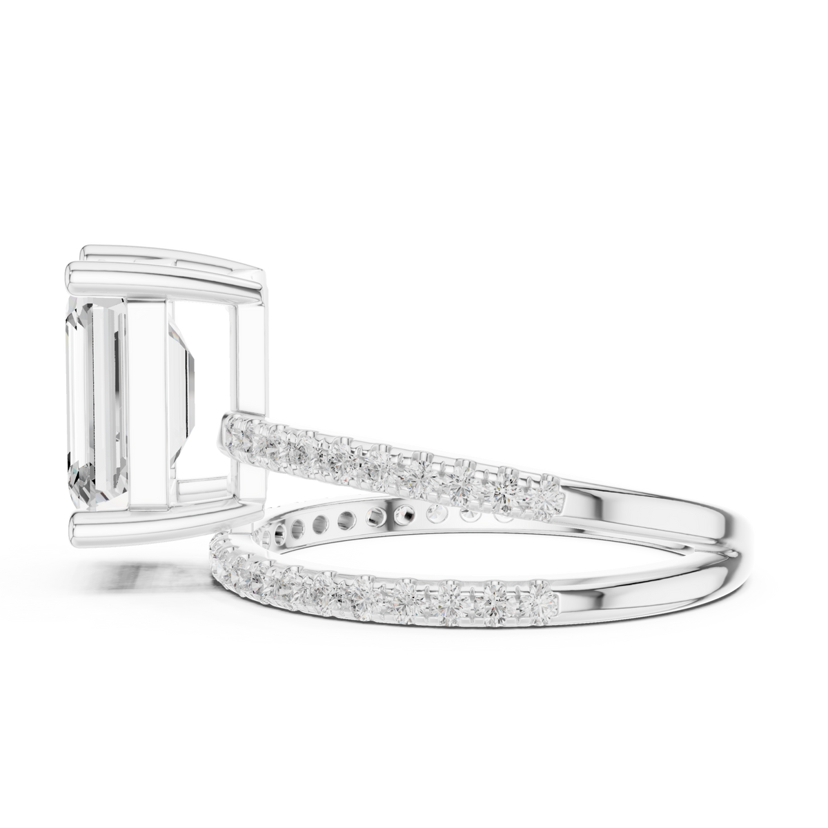 Emerald asymmetric crossover pave ring white gold side view