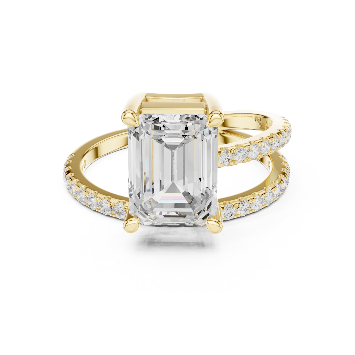 Emerald asymmetric crossover pave ring yellow gold detail view