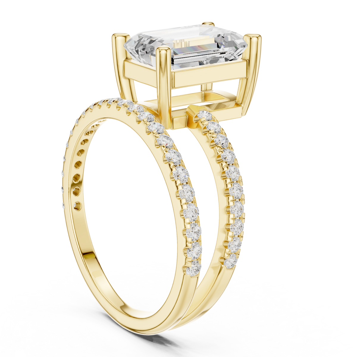 Emerald asymmetric crossover pave ring yellow gold front view