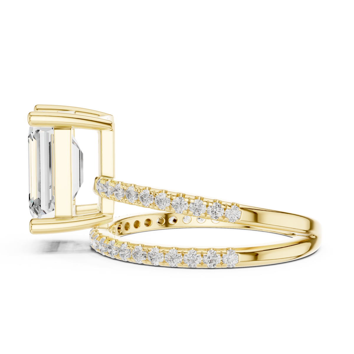 Emerald asymmetric crossover pave ring yellow gold side view