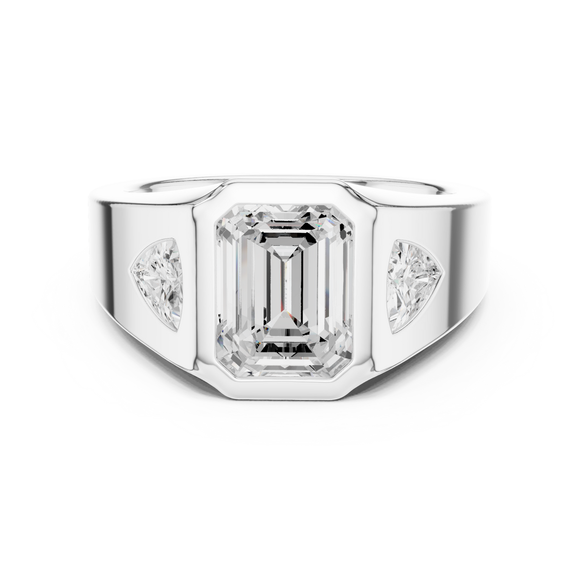  White Gold Emerald Bezel Trillion Ring for Him Detail View
