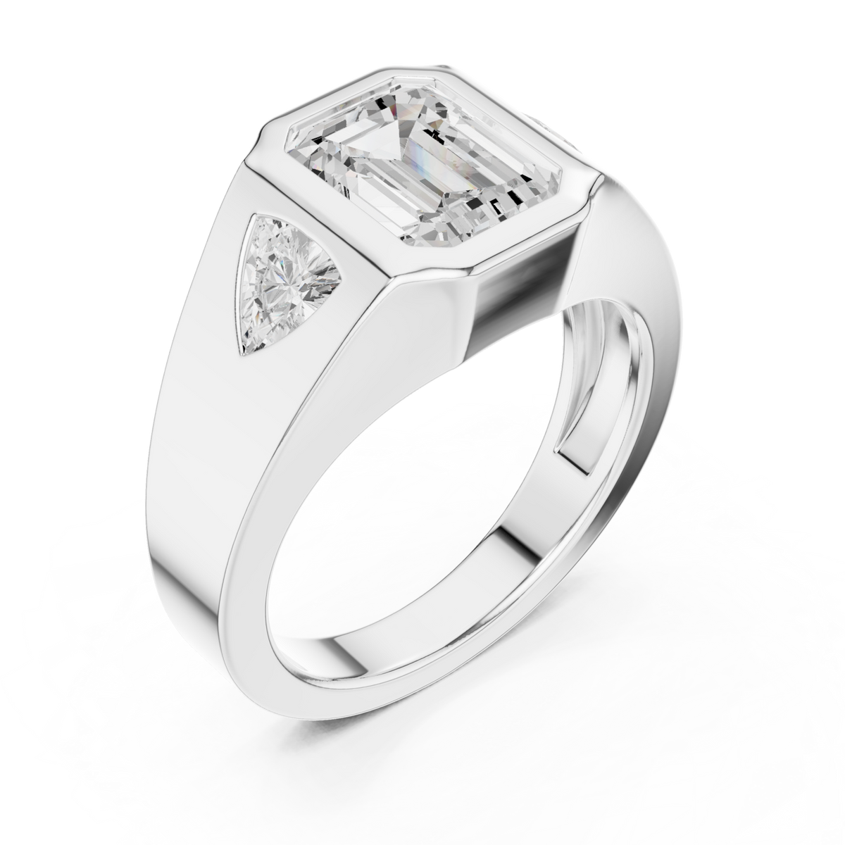  White Gold Emerald Bezel Trillion Ring for Him Front View