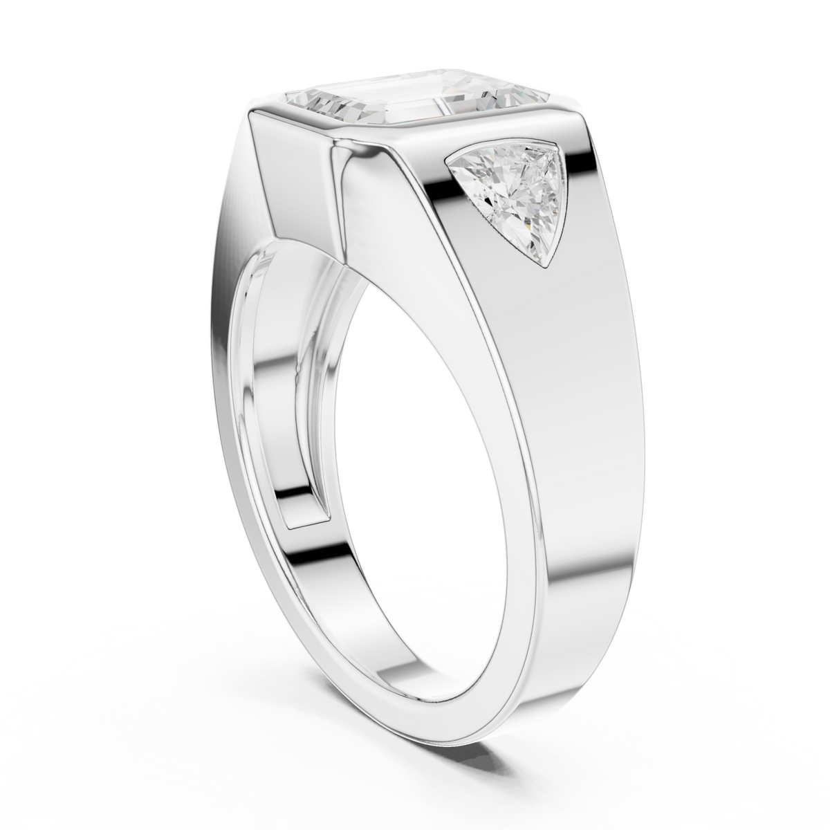  White Gold Emerald Bezel Trillion Ring for Him Side View
