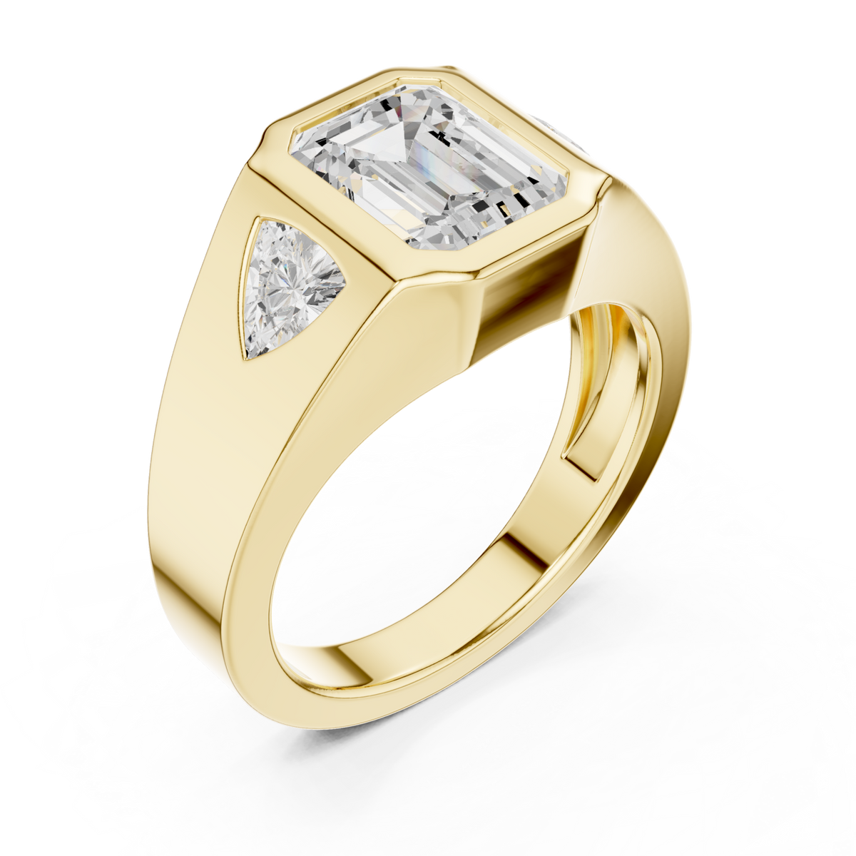 Gold Emerald Bezel Trillion Ring for Him Front View
