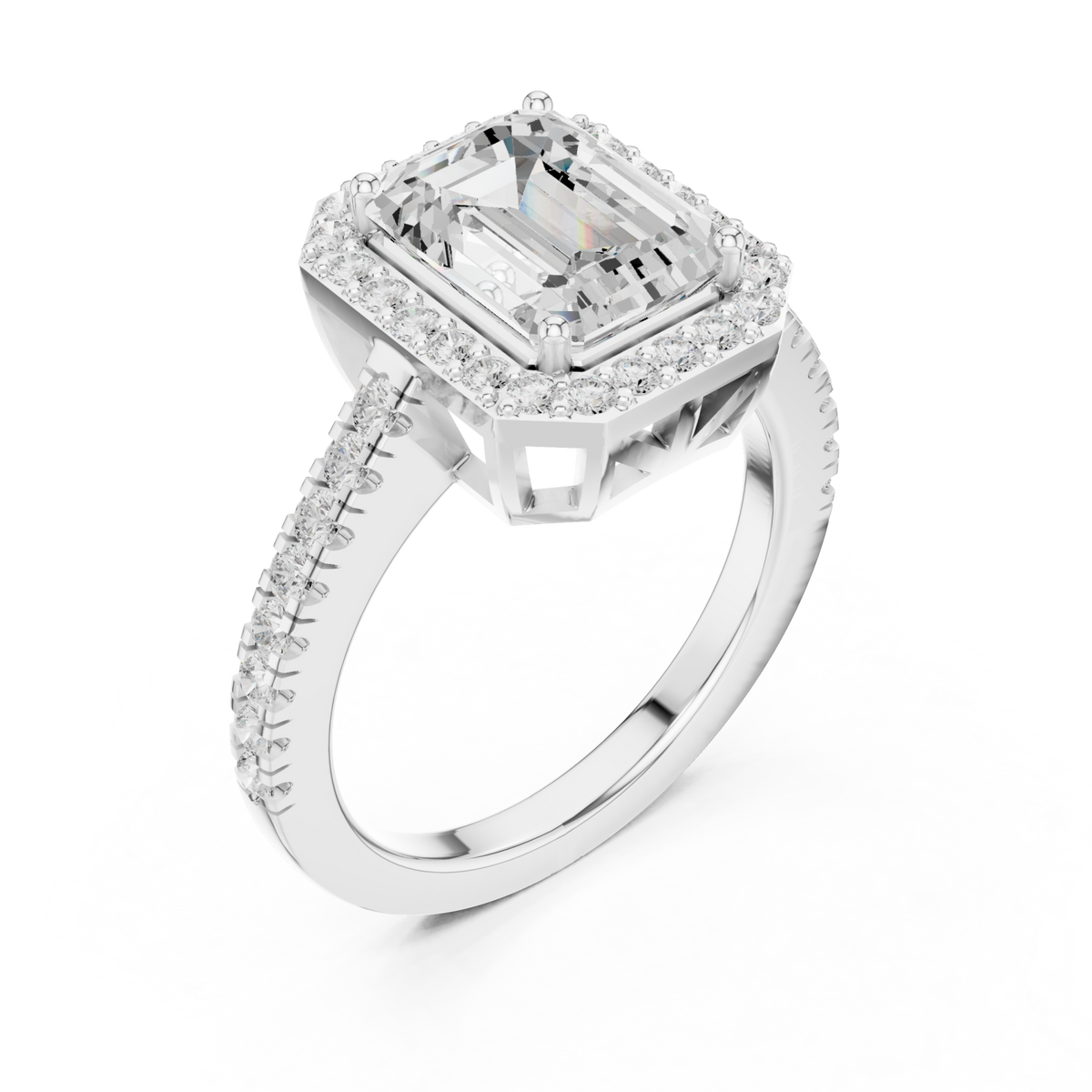 Emerald cathedral halo pave engagement ring white gold angle view