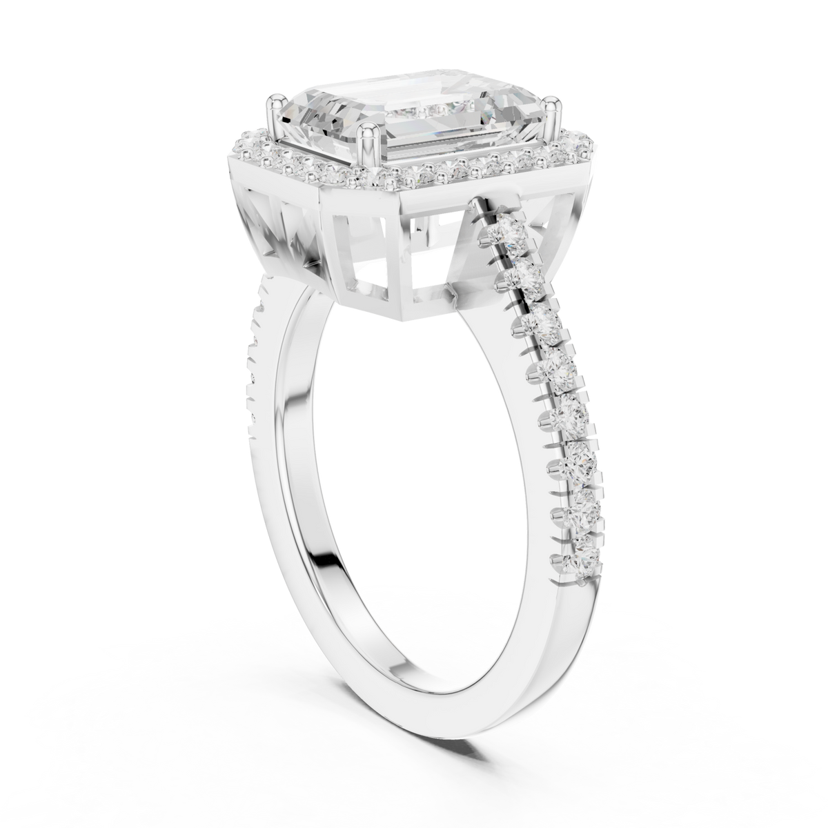 Emerald cathedral halo pave engagement ring white gold front view