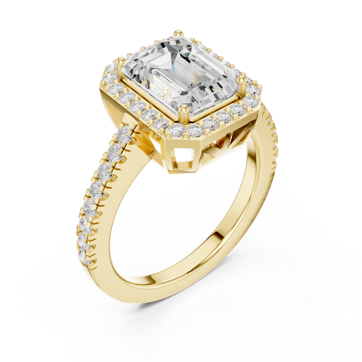 Emerald cathedral halo pave engagement ring yellow gold angle view