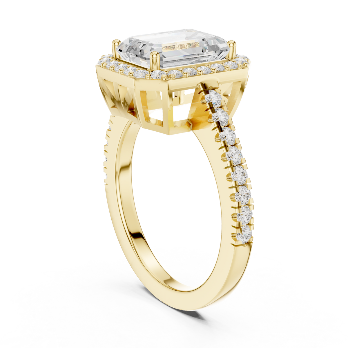 Emerald cathedral halo pave engagement ring yellow gold front view