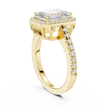 Emerald cathedral halo pave engagement ring yellow gold front view