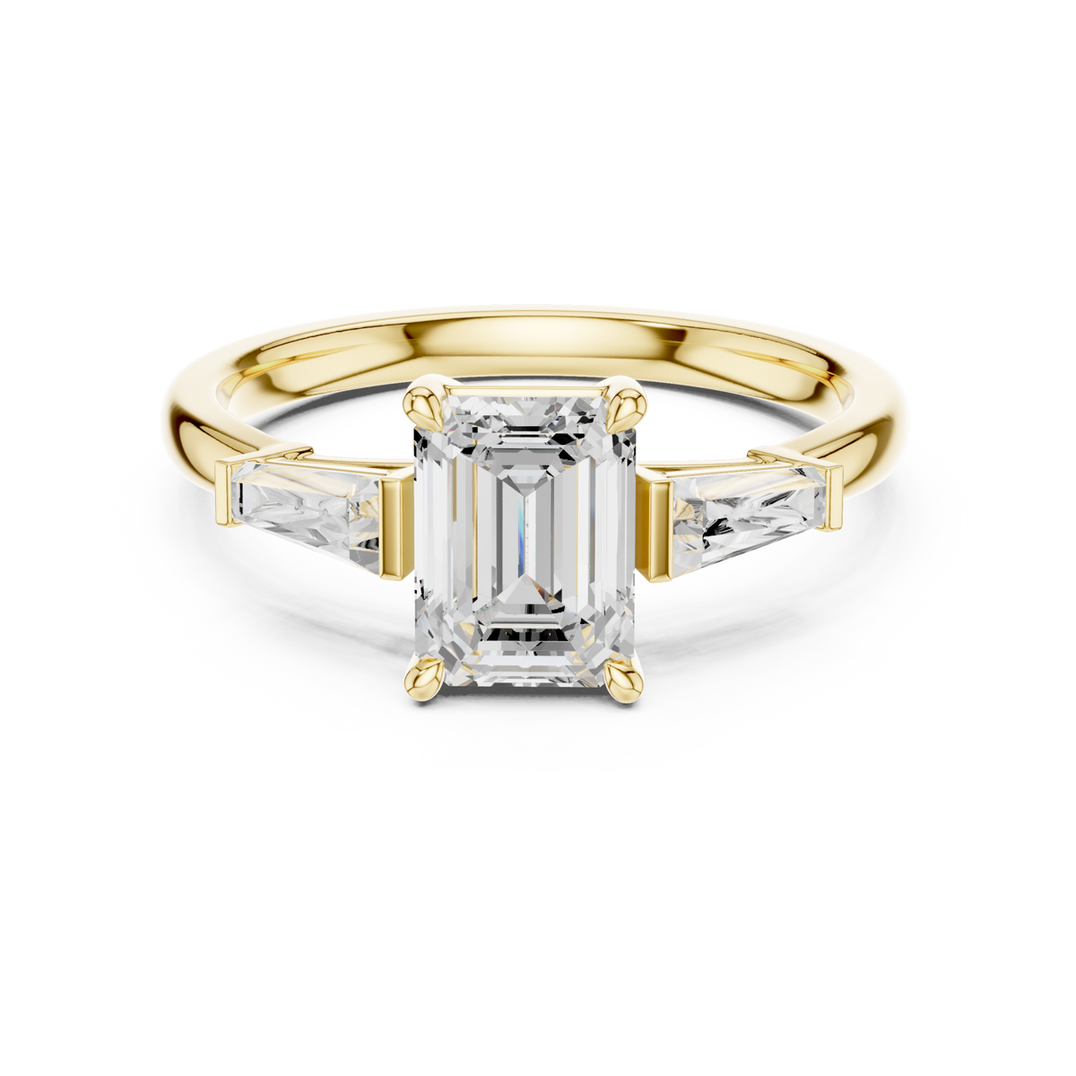 Emerald cathedral tapered baguette three stone engagement ring yellow gold detail view