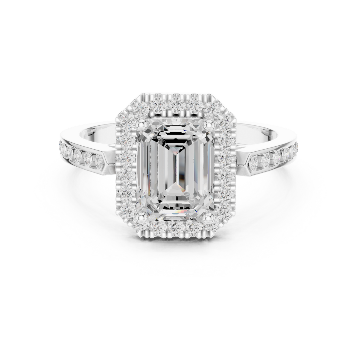 Emerald channel band halo engagement ring white gold detail view