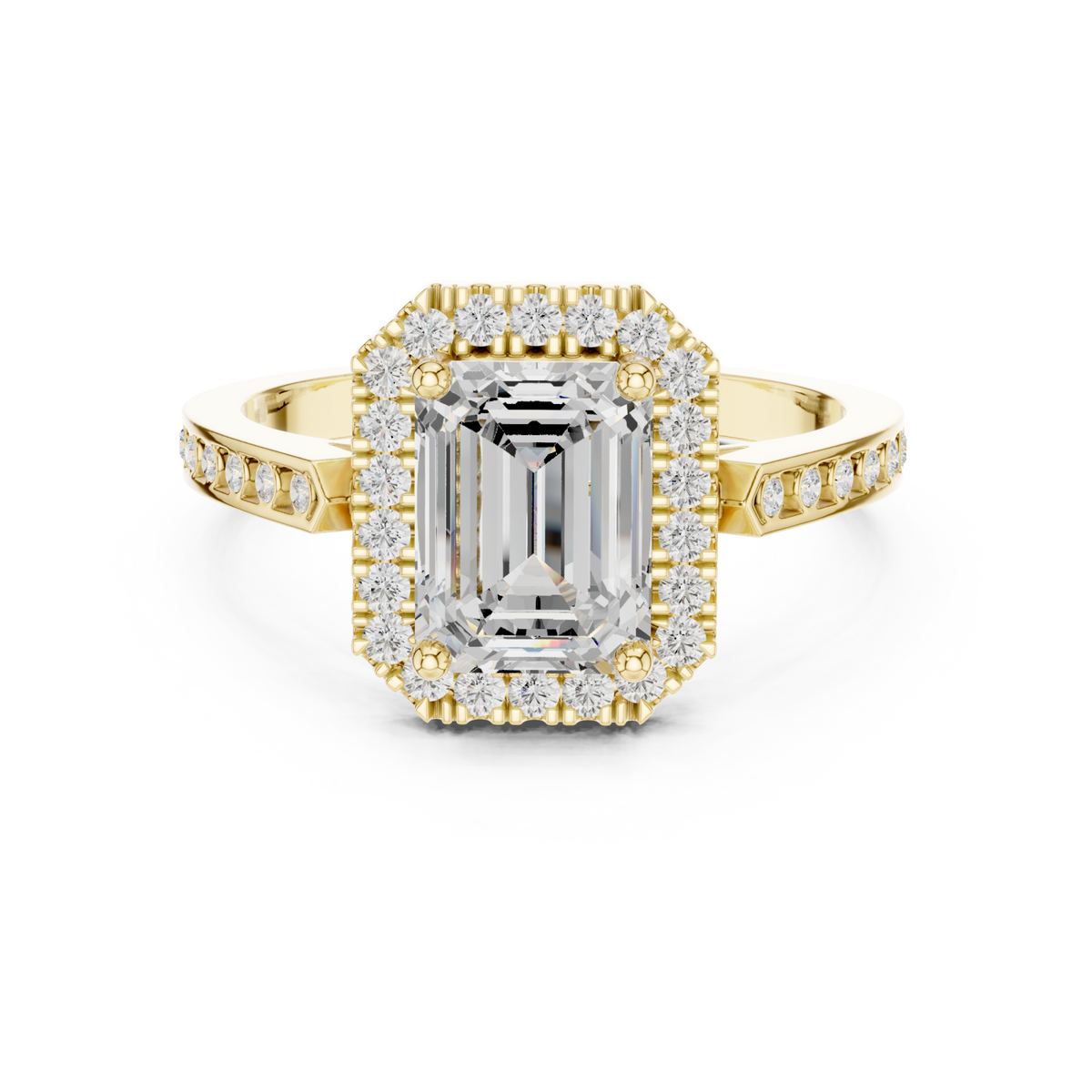 Emerald channel band halo engagement ring yellow gold detail view