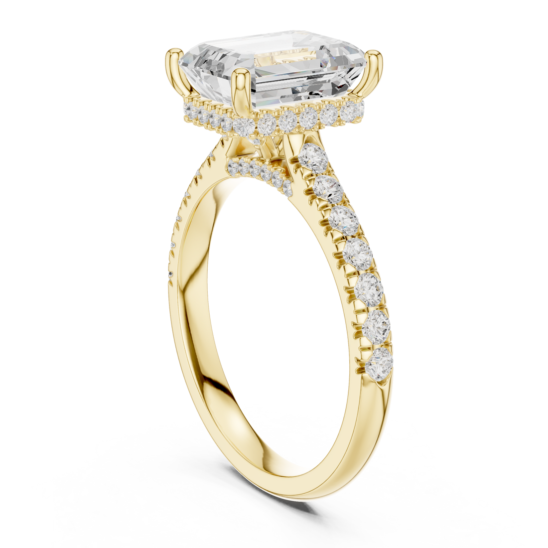 Emerald classic hidden halo pave engagement ring yellow gold front view