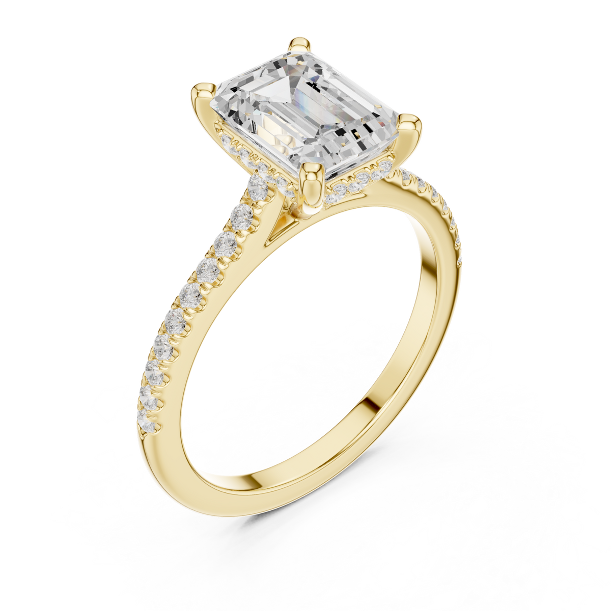 Emerald classic pave engagement ring yellow gold angle view