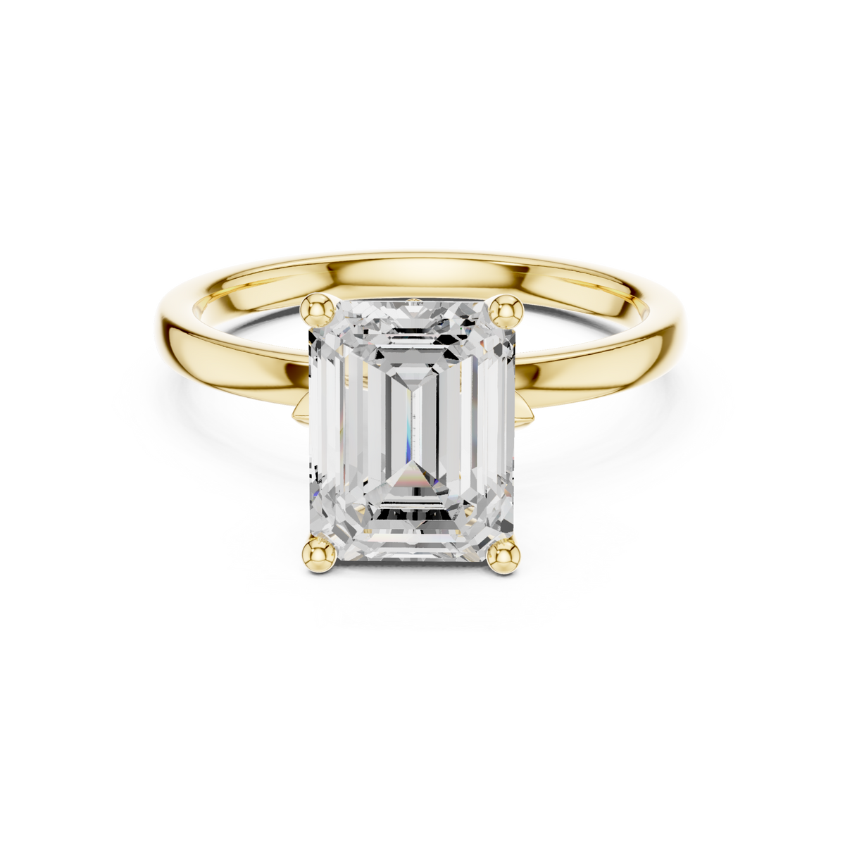 Emerald classic solitaire engagement ring yellow gold detail view