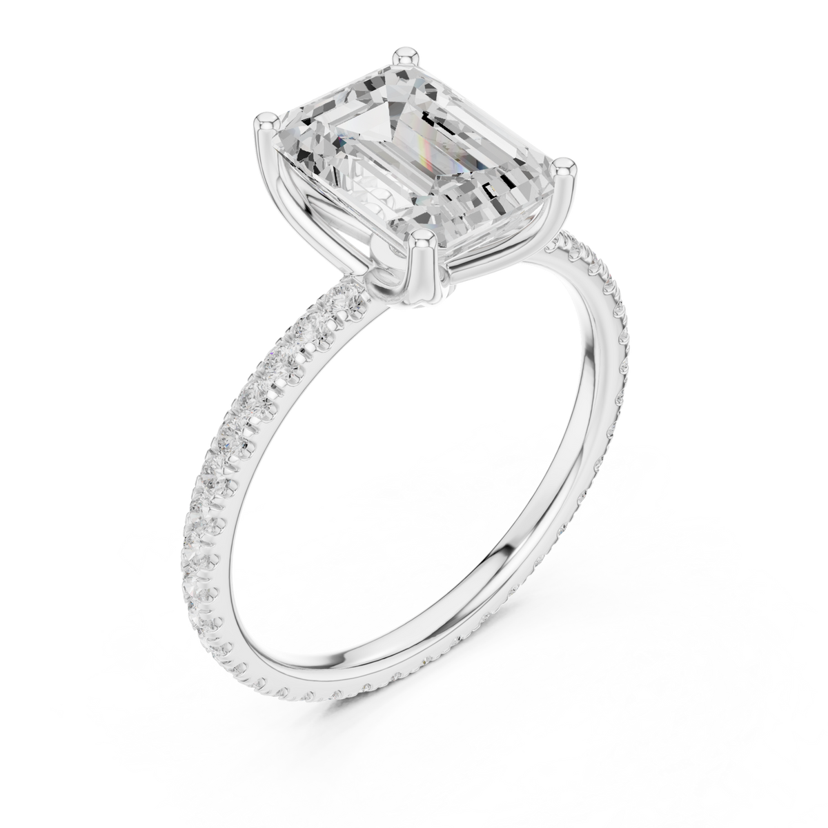Emerald claw-prong pave engagement ring white gold angle view