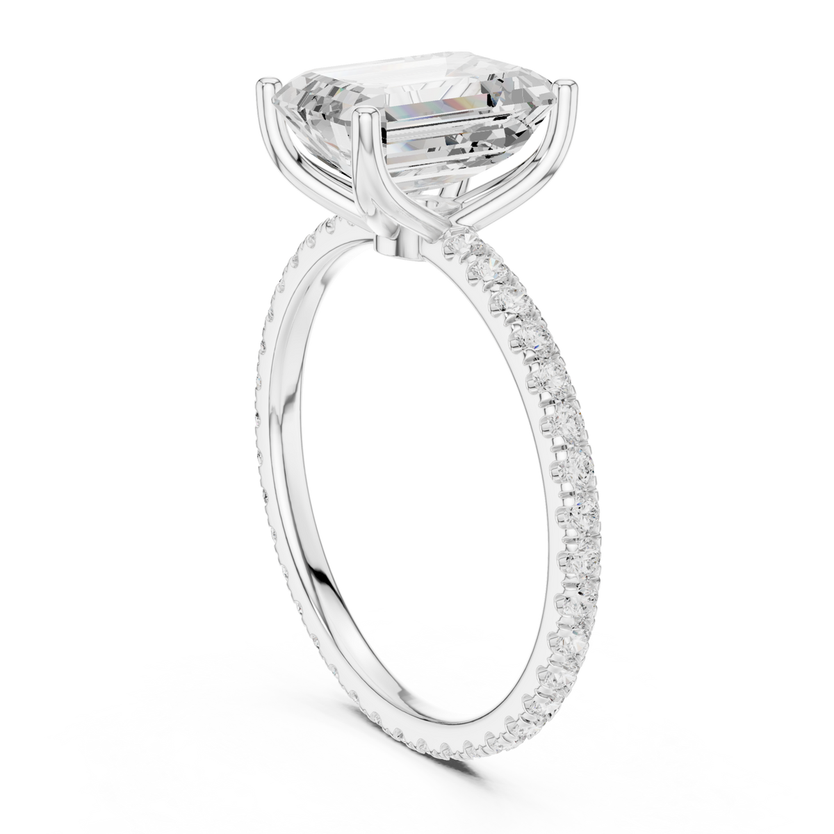Emerald claw-prong pave engagement ring white gold front view