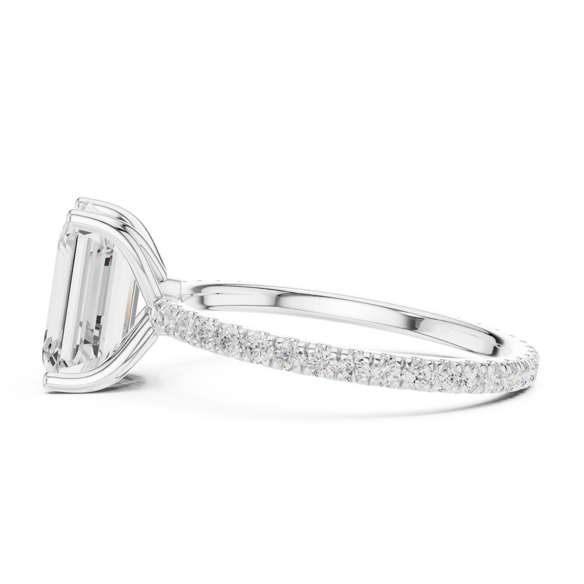 Emerald claw-prong pave engagement ring white gold side view